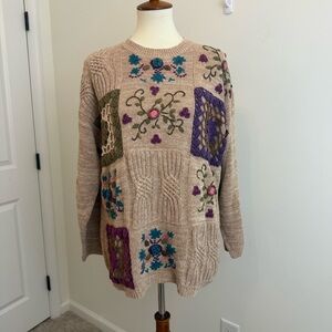 Vintage Ramie Cotton Floral Embroidered Chunky Knit Sweater Women’s L/XL Grandma